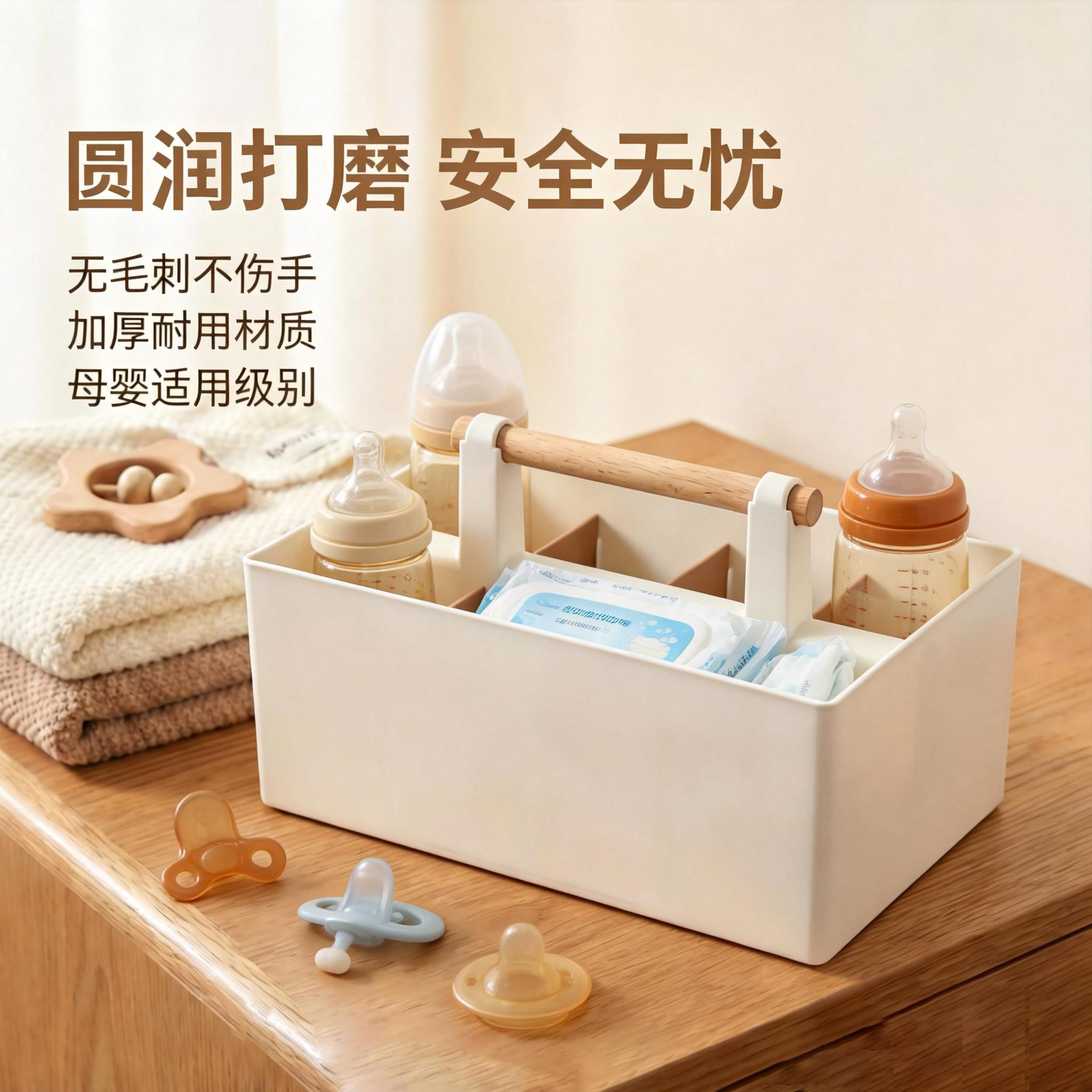 母婴房神器分区收纳盒榉木提手大容量宝宝用品奶粉辅食分类整理盒