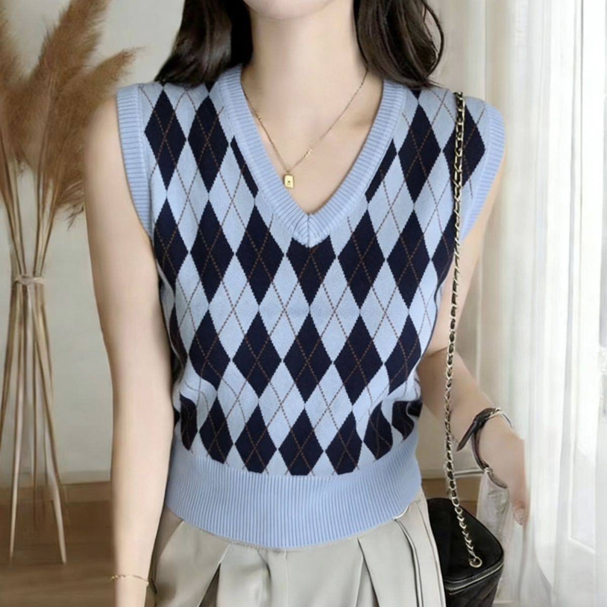 Spring And Autumn Korean Style College Retro New Short Diamond Knit Vest For Women_ecoleips.com