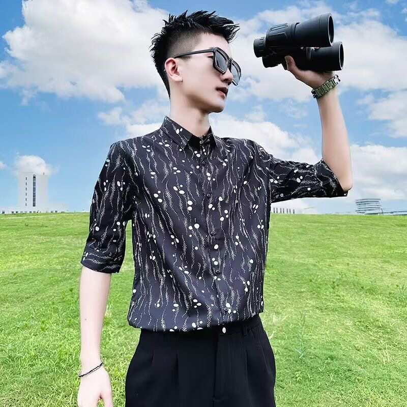 网红潮牌冰丝衬衫男短袖夏季薄款痞帅衬衣2026新款夏天五分袖寸衫