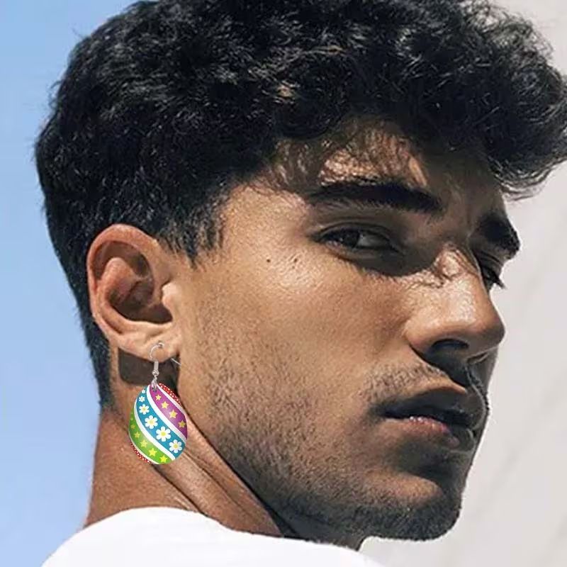 Boucles d'oreilles œufs de Pâques best-sellers transfrontalières, boucles d'oreilles plates 2D en acrylique à motif floral et étoile coloré et créatif_voghion.com