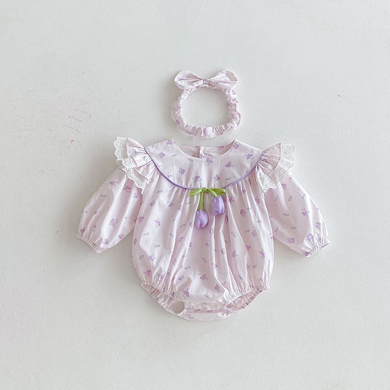Baby Mädchen Langarm Strampler Mit Blumen Spitze Für Den Herbst_voghion.com