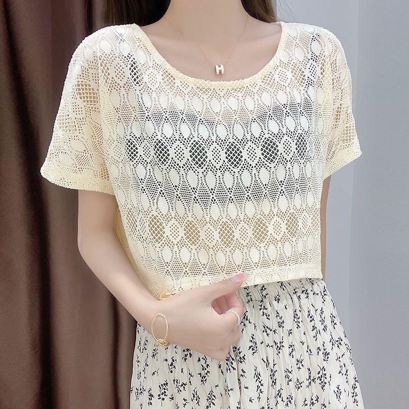 Women's Summer Short Lace To Wear Over A Slip Dress, Cropped, See-through, Short-sleeved, Hollowed-out, Sexy_ecoleips.com