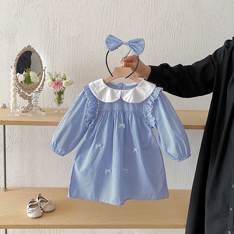 Niedlicher Strampler, Kinderkleidung, Neuheit 2026, koreanisches Outfit für Schwestern, gestreift, langärmelig, Herbst, Mädchen, blau_voghion.com