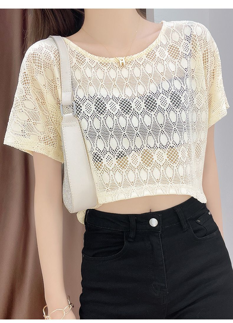 Women's Summer Short Lace To Wear Over A Slip Dress, Cropped, See-through, Short-sleeved, Hollowed-out, Sexy_ecoleips.com