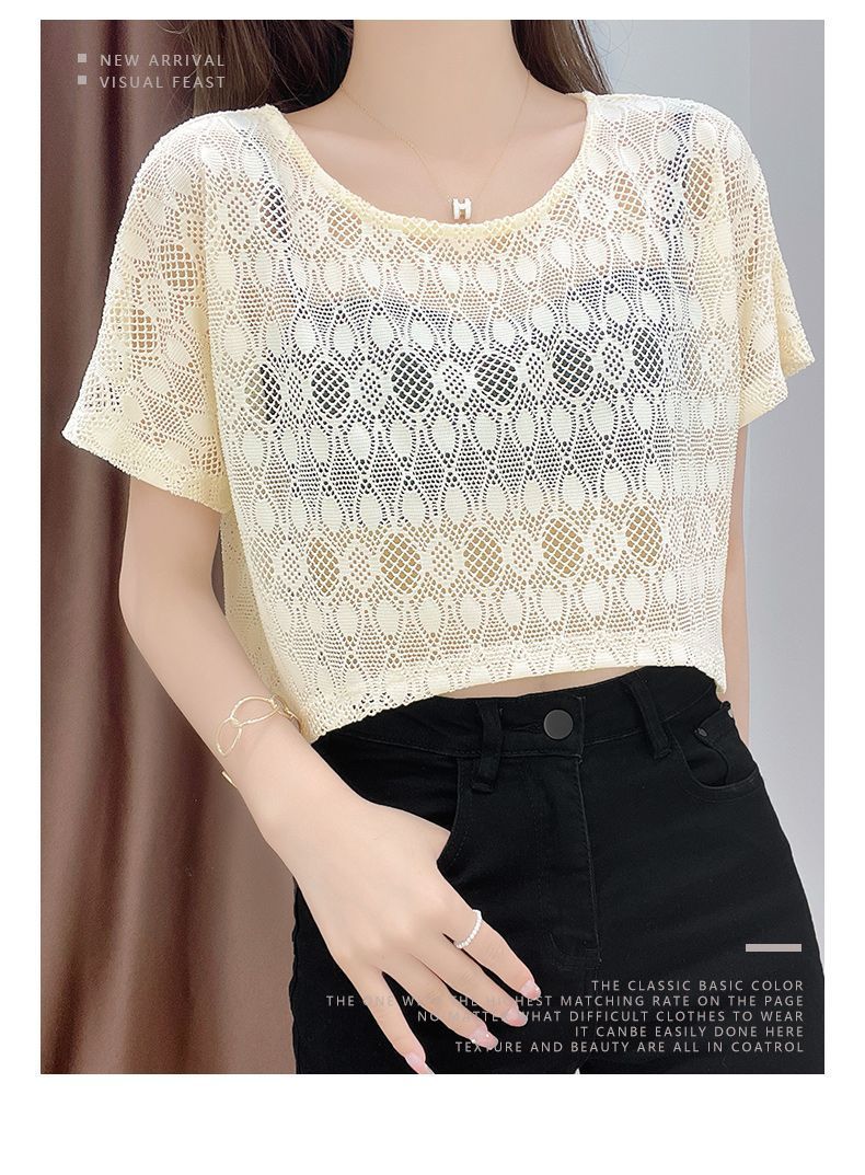 Women's Summer Short Lace To Wear Over A Slip Dress, Cropped, See-through, Short-sleeved, Hollowed-out, Sexy_ecoleips.com