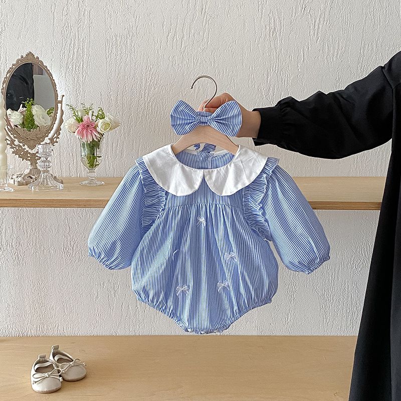 Niedlicher Strampler, Kinderkleidung, Neuheit 2026, koreanisches Outfit für Schwestern, gestreift, langärmelig, Herbst, Mädchen, blau_voghion.com