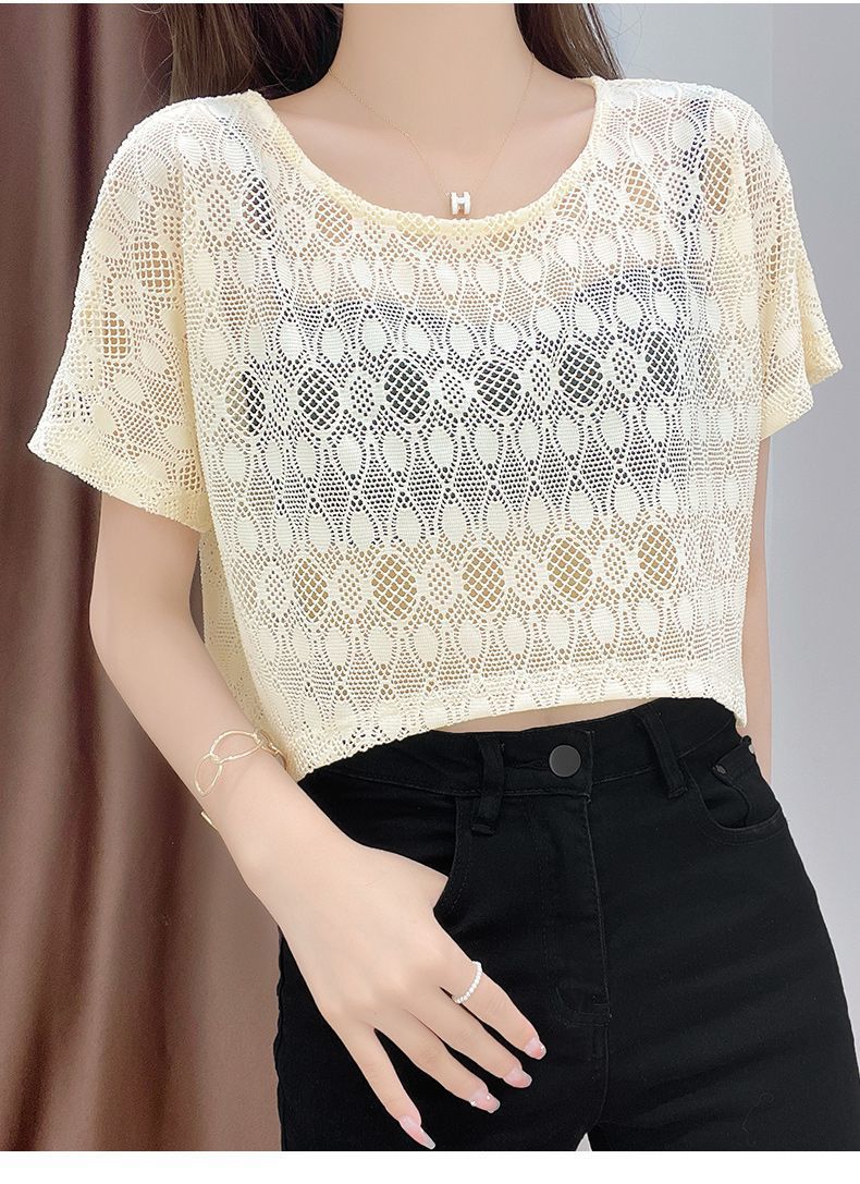 Women's Summer Short Lace To Wear Over A Slip Dress, Cropped, See-through, Short-sleeved, Hollowed-out, Sexy_ecoleips.com