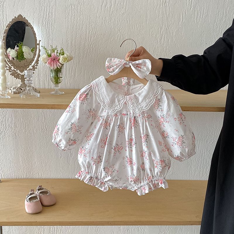Baby-Strampler 26 Prinzessinnenkleid für Mädchen, langärmelig, Herbst, Puppenkragen, Blumenmuster_voghion.com