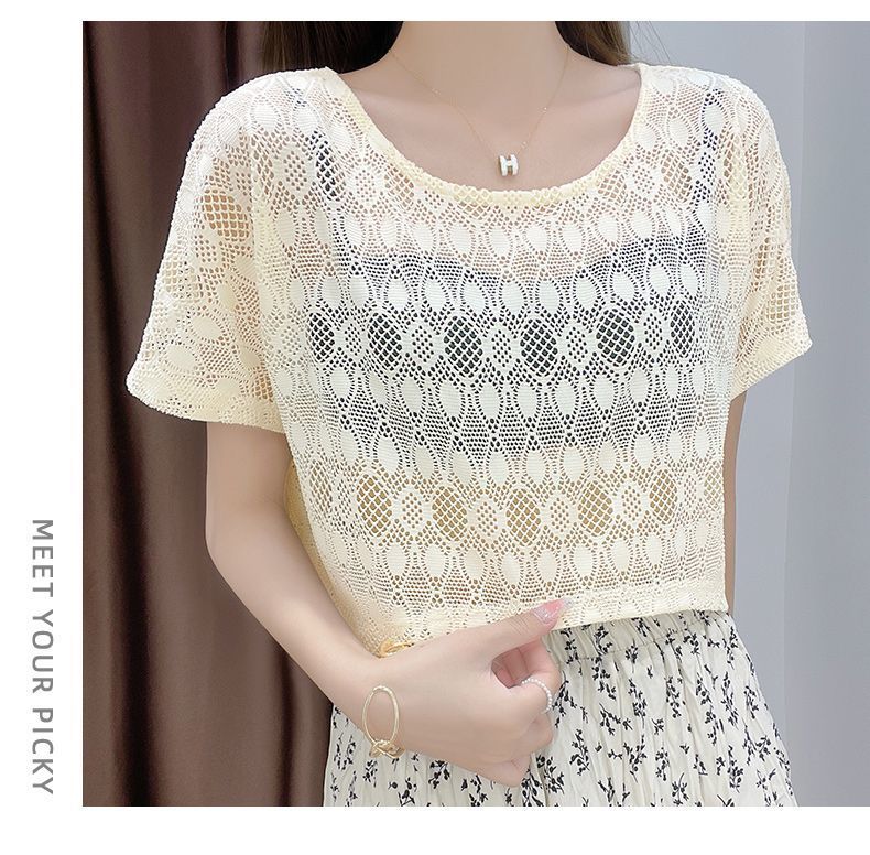Women's Summer Short Lace To Wear Over A Slip Dress, Cropped, See-through, Short-sleeved, Hollowed-out, Sexy_ecoleips.com