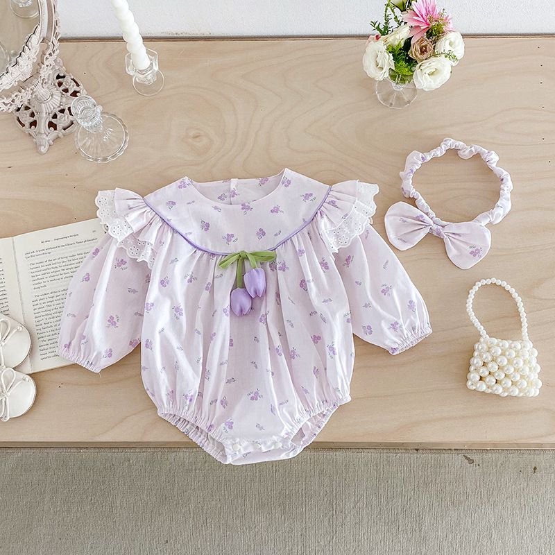 Baby Mädchen Langarm Strampler Mit Blumen Spitze Für Den Herbst_voghion.com
