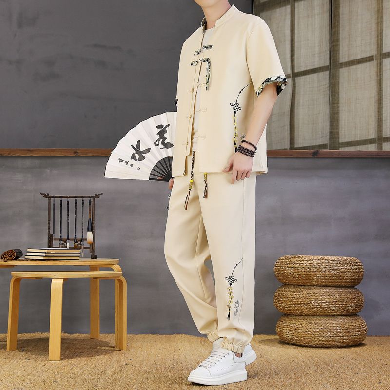 新中式男装套装夏季中国风盘扣短袖衬衫宽松休闲唐装汉服两件套装