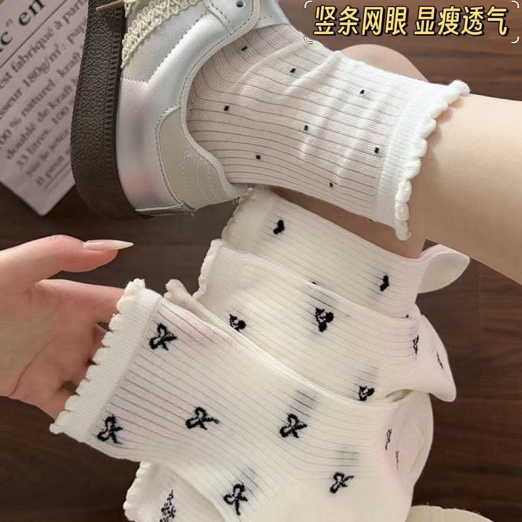 白色堆堆袜女夏季薄款网眼透气袜子简约蝴蝶