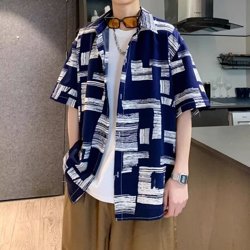 格子印花短袖衬衫男夏季高级感痞帅半袖衬衣大码宽松冰丝薄款外套