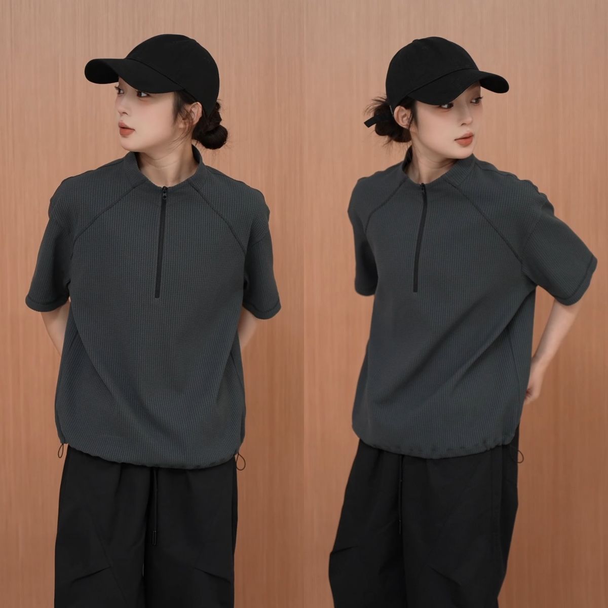 男女款2026夏季新品潮牌男装时尚舒适半袖半拉链设计立领T恤短袖