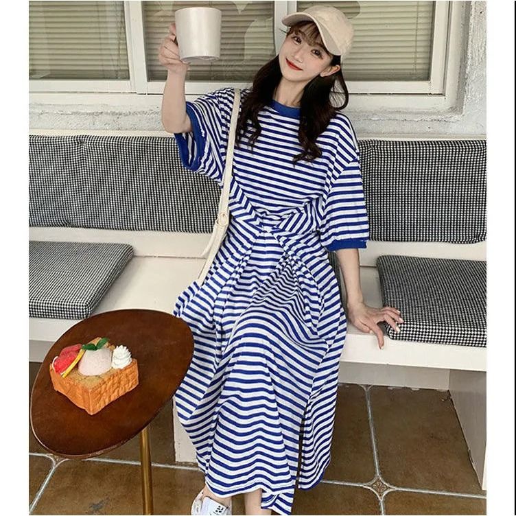 2026夏季宽松显瘦条纹圆领T恤连衣裙女装学生休闲韩版中长裙女