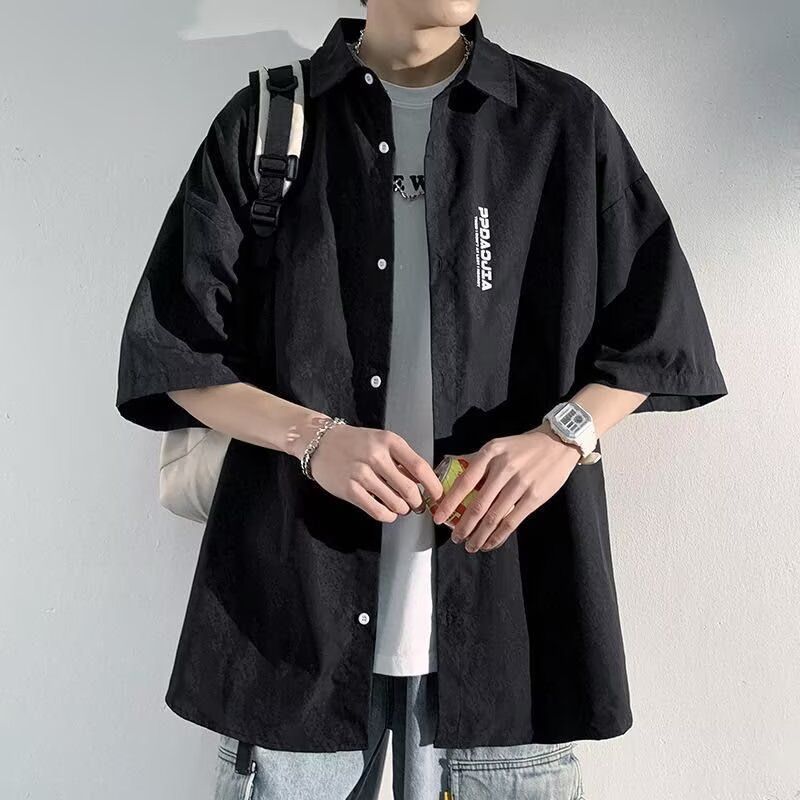 夏季薄款男生上衣宽松男士短袖衬衫日系潮流冰丝衬衣外套潮牌痞帅