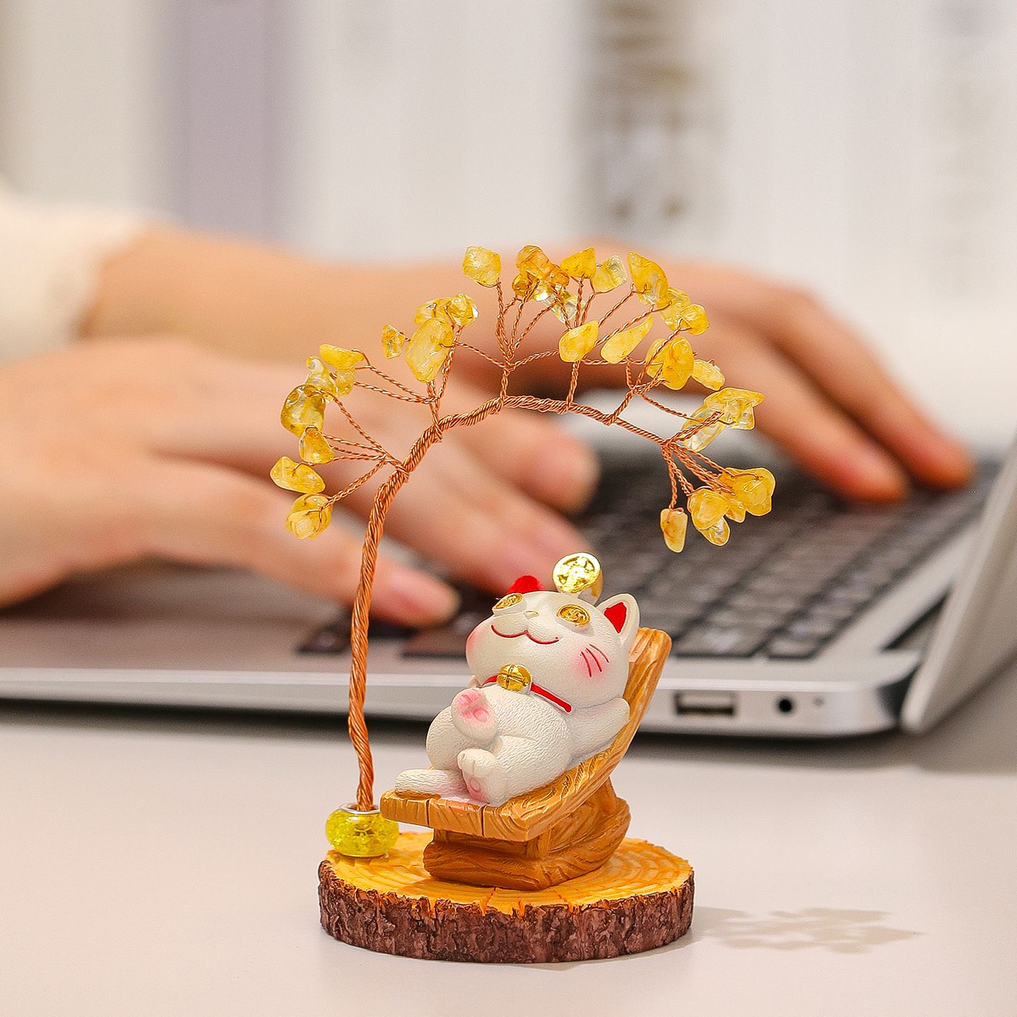 Lucky Cat Crystal Money Tree Ornament For Desktop Office Decor_voghion.com