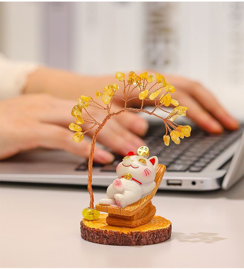 Lucky Cat Crystal Money Tree Ornament For Desktop Office Decor_voghion.com