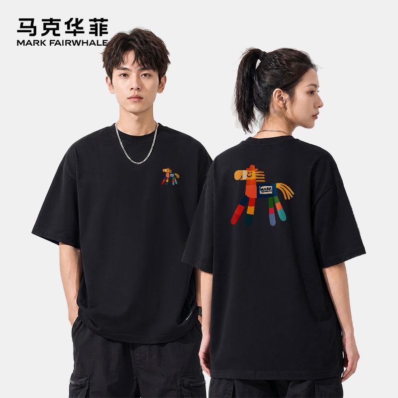 马克华菲潮流黑色短袖男女同款夏季重磅纯棉美式宽松时尚情侣T恤