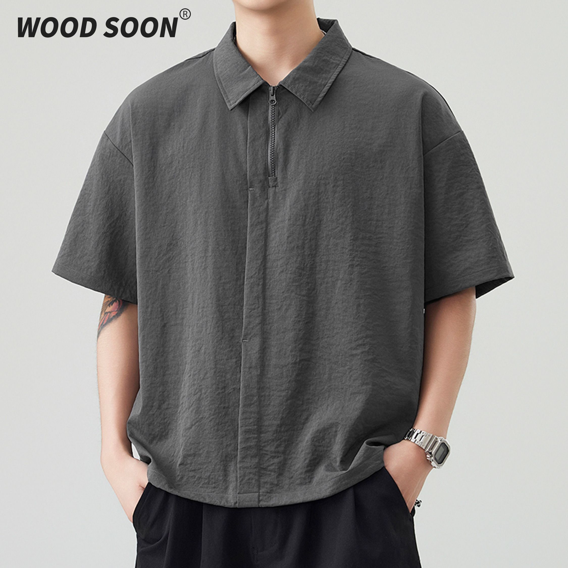 WOODSOON潮牌日系休闲翻领半拉链短袖衬衫男士夏季宽松百搭衬衣男