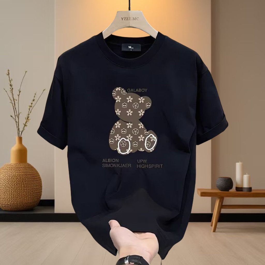 Trendy Brand Pure Cotton Short-sleeve Printed Summer Bear Design New Loose Fashion Round-neck Top Plus Size Versatile_viptrois.com