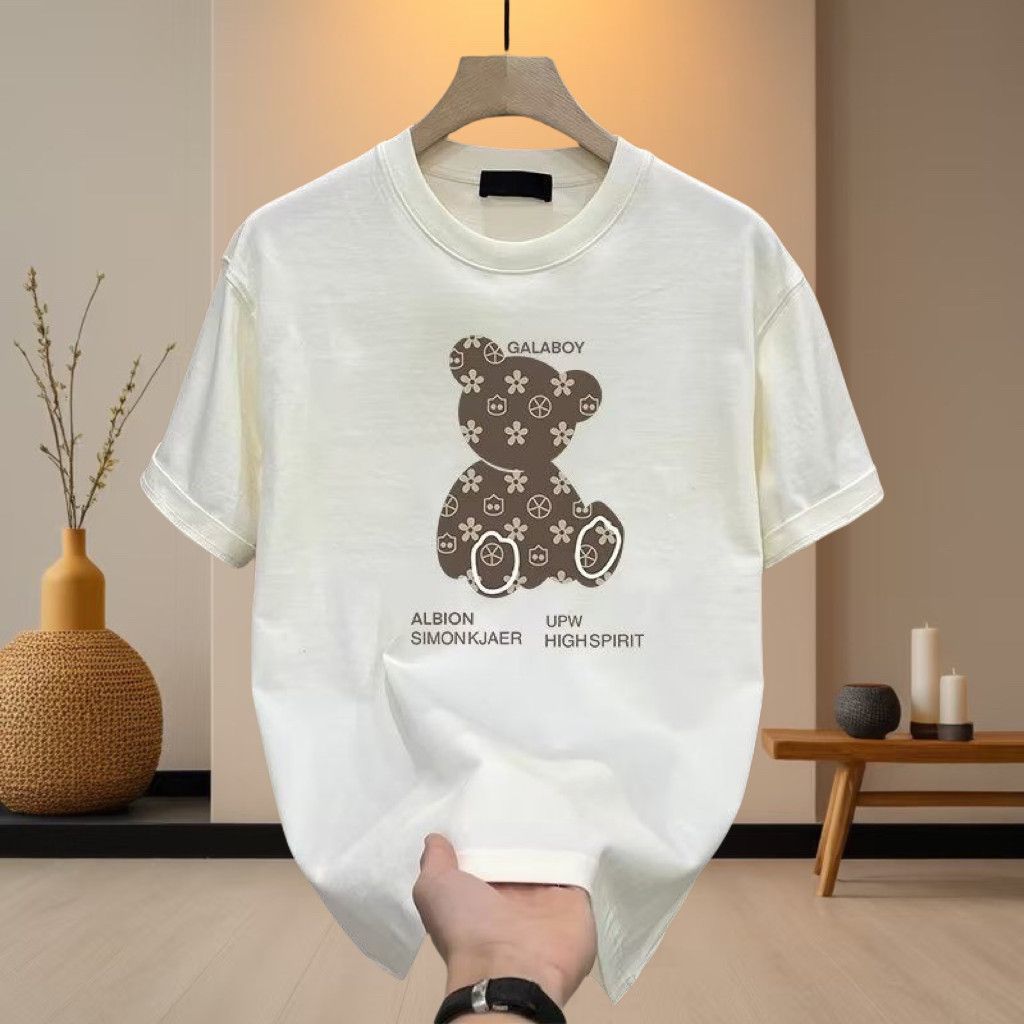 Trendy Brand Pure Cotton Short-sleeve Printed Summer Bear Design New Loose Fashion Round-neck Top Plus Size Versatile_viptrois.com