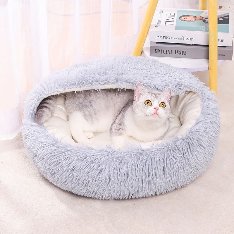 猫窝秋冬保暖窝长毛绒贝壳猫咪窝长毛绒圆形半封闭深度睡眠宠物窝