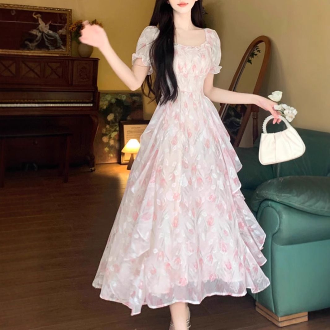 大码法式温柔仙女碎花方领连衣裙女夏季胖mm收腰显瘦气质优雅长裙