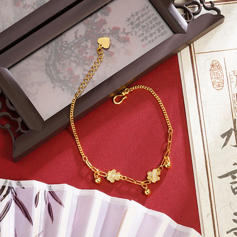 Vietnamese Gold-plated Bracelet, Light Luxury Three-leaf Flower Tassel Bead Bracelet For Women, Simple And Elegant,_voghion.com