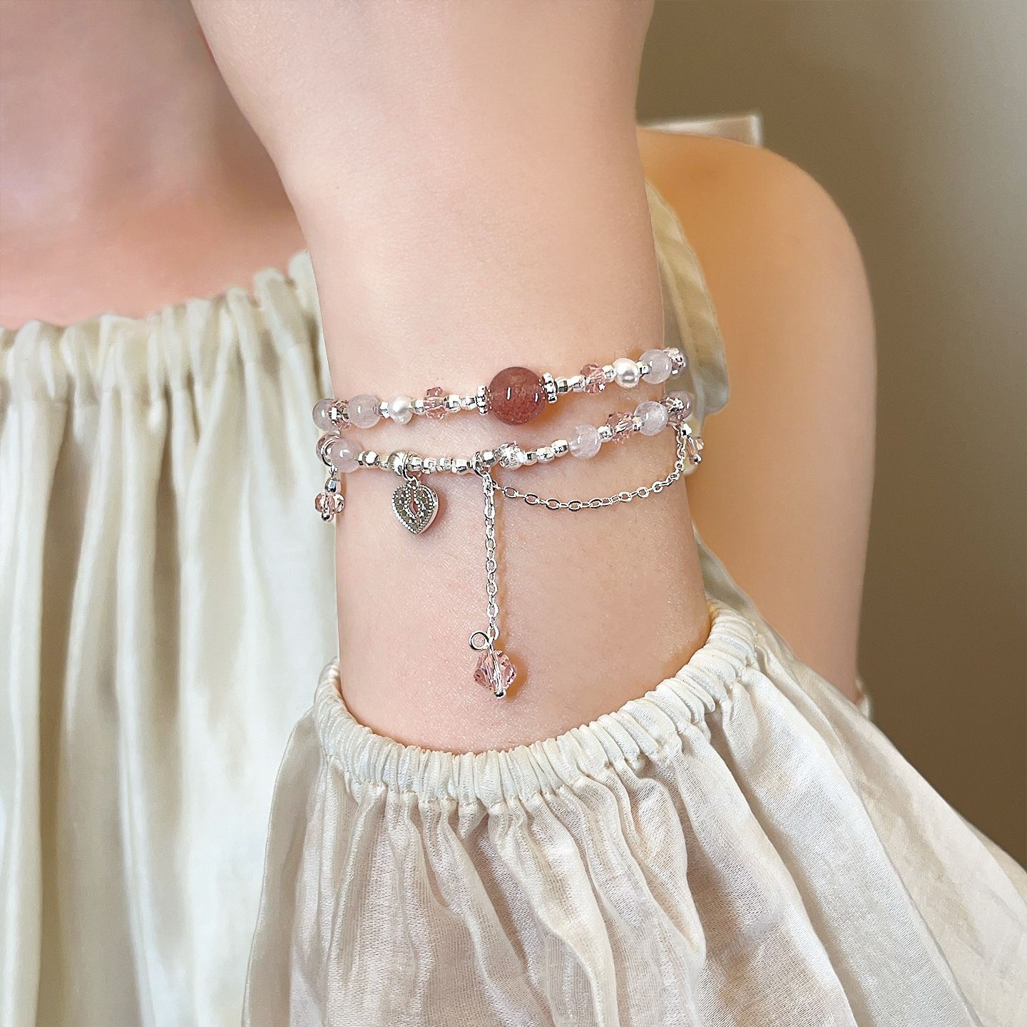 Double Layer Strawberry Crystal And Pearl Beaded Bracelet Women_voghion.com