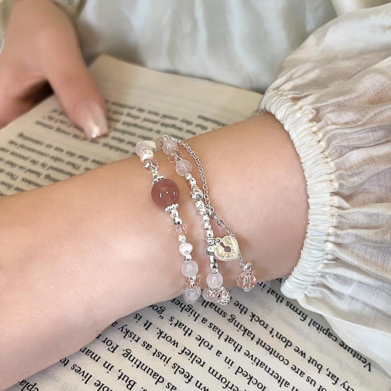 Double Layer Strawberry Crystal And Pearl Beaded Bracelet Women_voghion.com