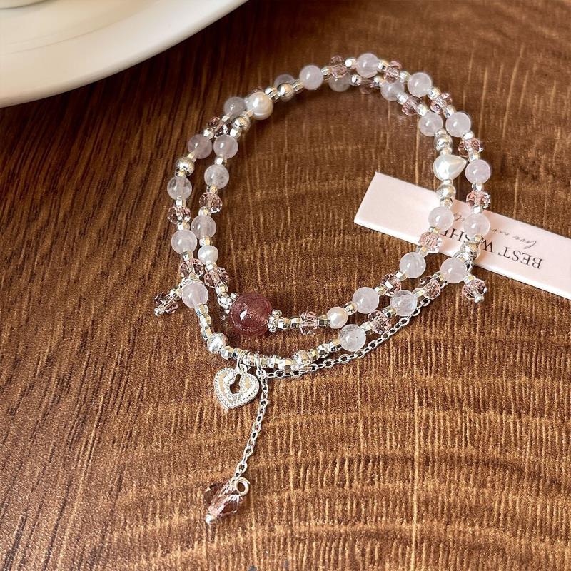 Double Layer Strawberry Crystal And Pearl Beaded Bracelet Women_voghion.com