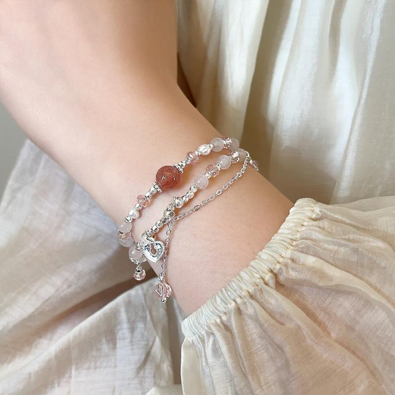 Double Layer Strawberry Crystal And Pearl Beaded Bracelet Women_voghion.com