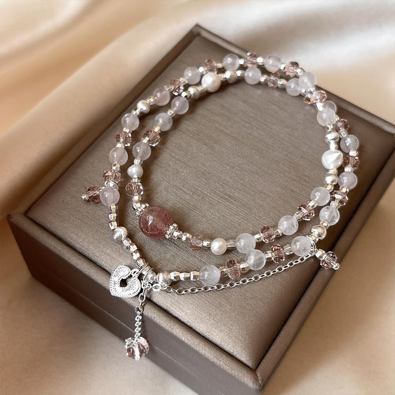 Double Layer Strawberry Crystal And Pearl Beaded Bracelet Women_voghion.com
