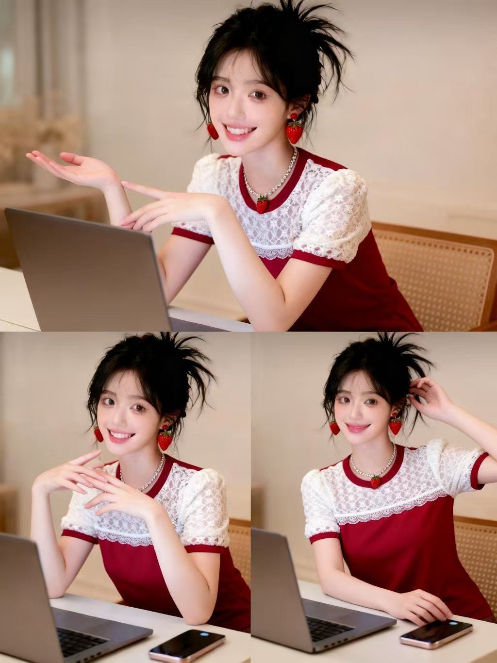 2026 Spring/Summer New Designer Knit Lace Contrast Color Patchwork Short Sleeve Top Women's Base Layer Shirt_ecoleips.com