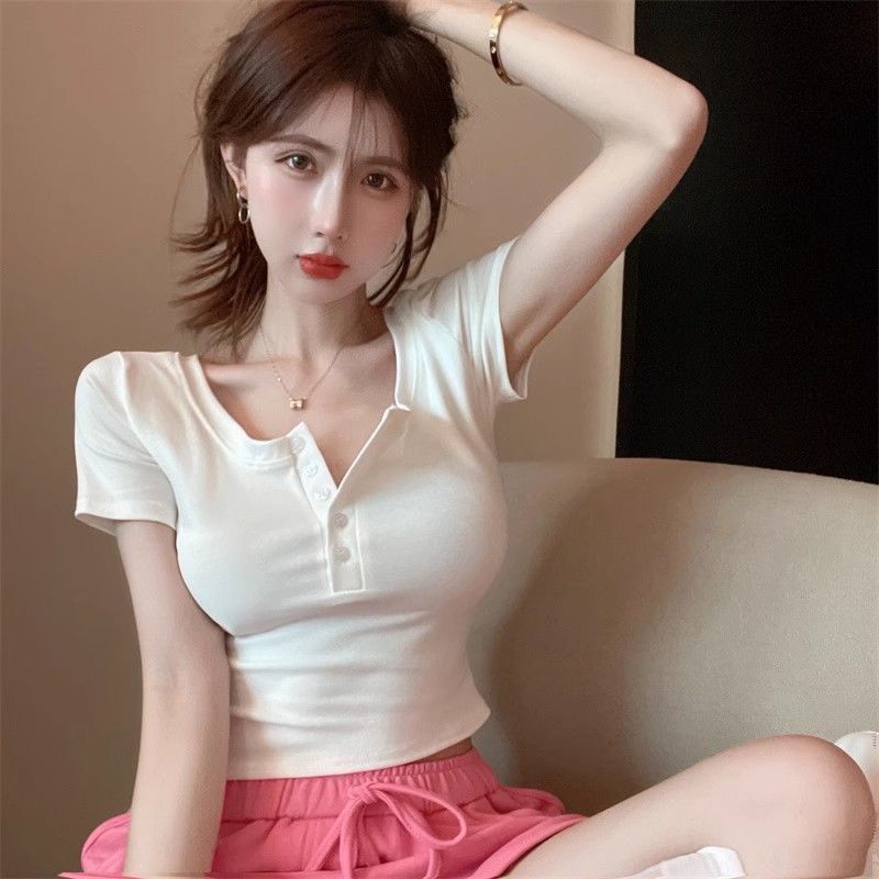甜辣妹性感方领露脐短款上衣夏季高级设计感小众独特修身孕妇t恤 图片 2