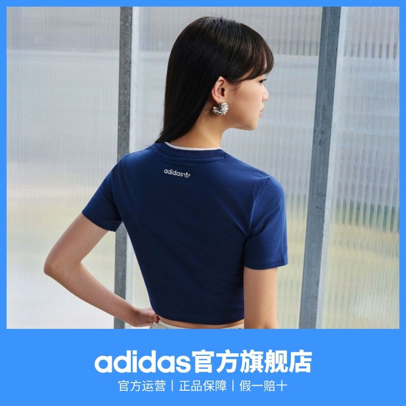 adidas阿迪达斯三叶草女夏修身露脐短款上衣复古运动圆领短袖T恤 图片 2