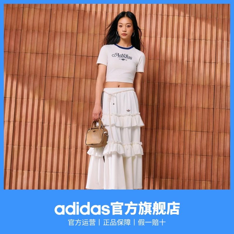 adidas阿迪达斯三叶草女夏修身露脐短款上衣复古运动圆领短袖T恤 图片 5