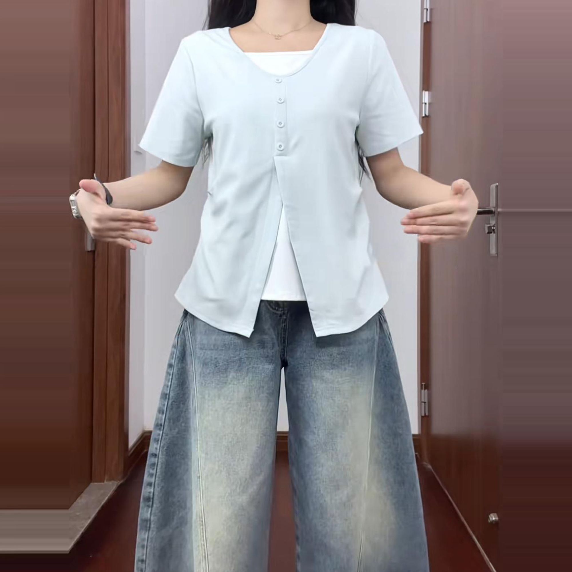 大码韩系拼接假两件短袖T恤女夏季新款胖mm宽松显瘦遮肉外穿上衣