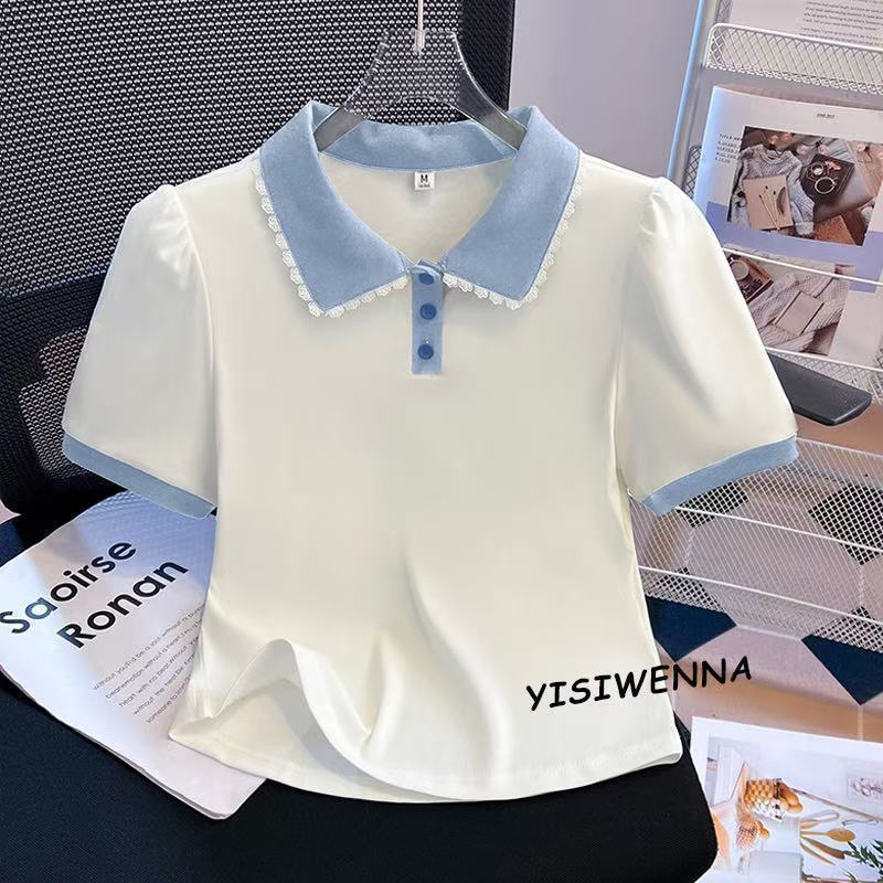 大码正肩短袖t恤女夏季2026新款胖mm假两件娃娃领上衣洋气polo衫