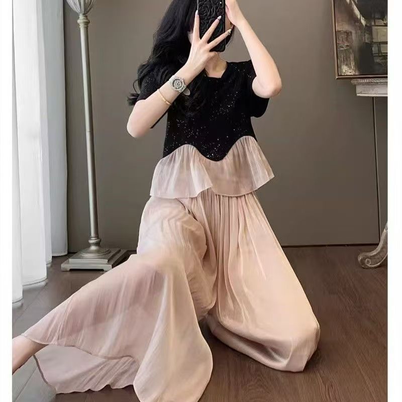 时尚一整套法式套装香风休闲小衫夏季短袖上衣T恤女高腰阔裙裤女