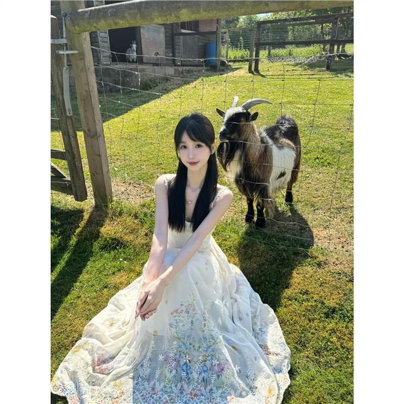 秘镜花园重工刺绣吊带连衣裙女夏季海边度假风收腰显瘦绝美长裙子 图片 3