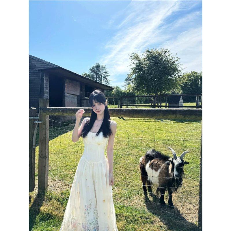 秘镜花园重工刺绣吊带连衣裙女夏季海边度假风收腰显瘦绝美长裙子 图片 4
