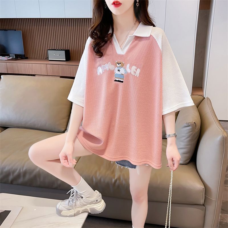 拼接撞色polo衫短袖T恤女小众设计感小个子大码女装夏季新款上衣