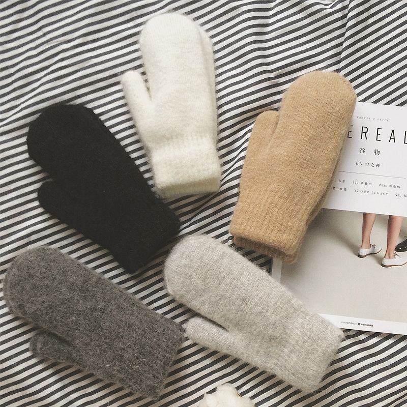 Cute rabbit fur gloves for women in winter Korean version for male students and couples wool thread full finger warm plus velvet thickening Japanese style pure