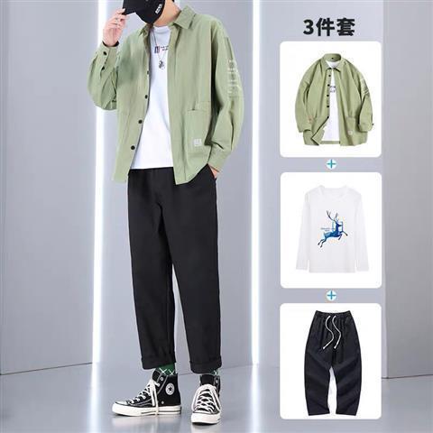 学生长袖衬衫男士韩版潮流休闲运动一套装网红搭配衬衣服帅气男装