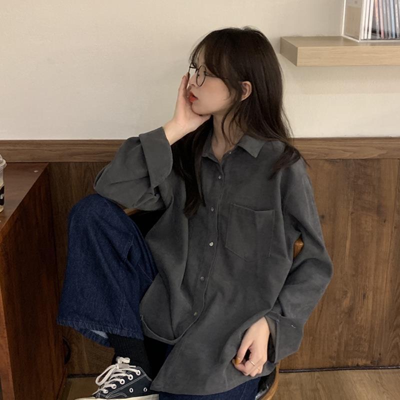 Shirt women's design niche outer wear versatile Japanese corduroy brushed autumn and winter long-sleeved tops couple's shirt