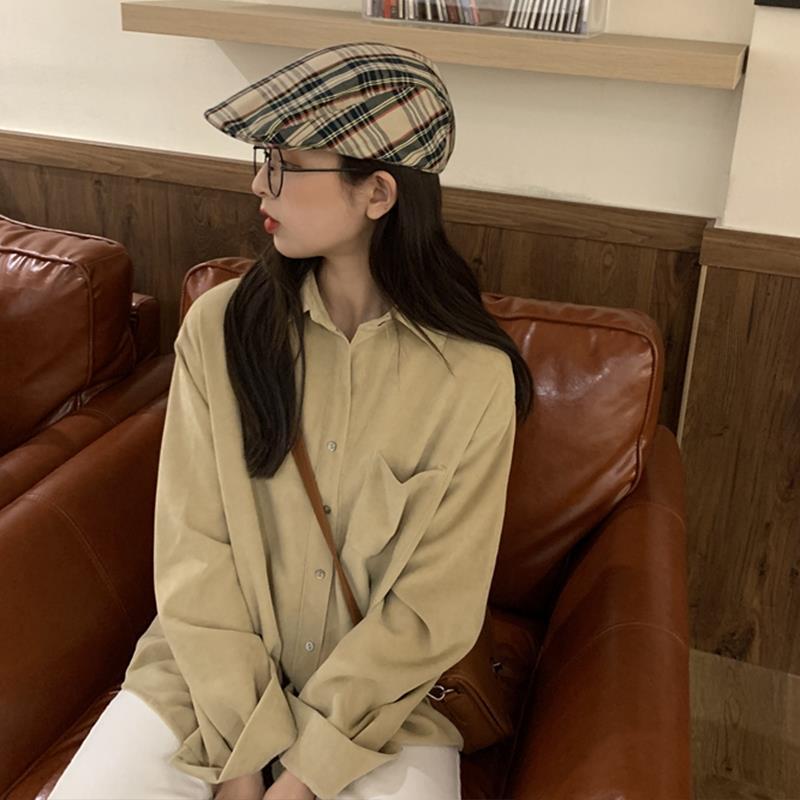 Shirt women's design niche outer wear versatile Japanese corduroy brushed autumn and winter long-sleeved tops couple's shirt