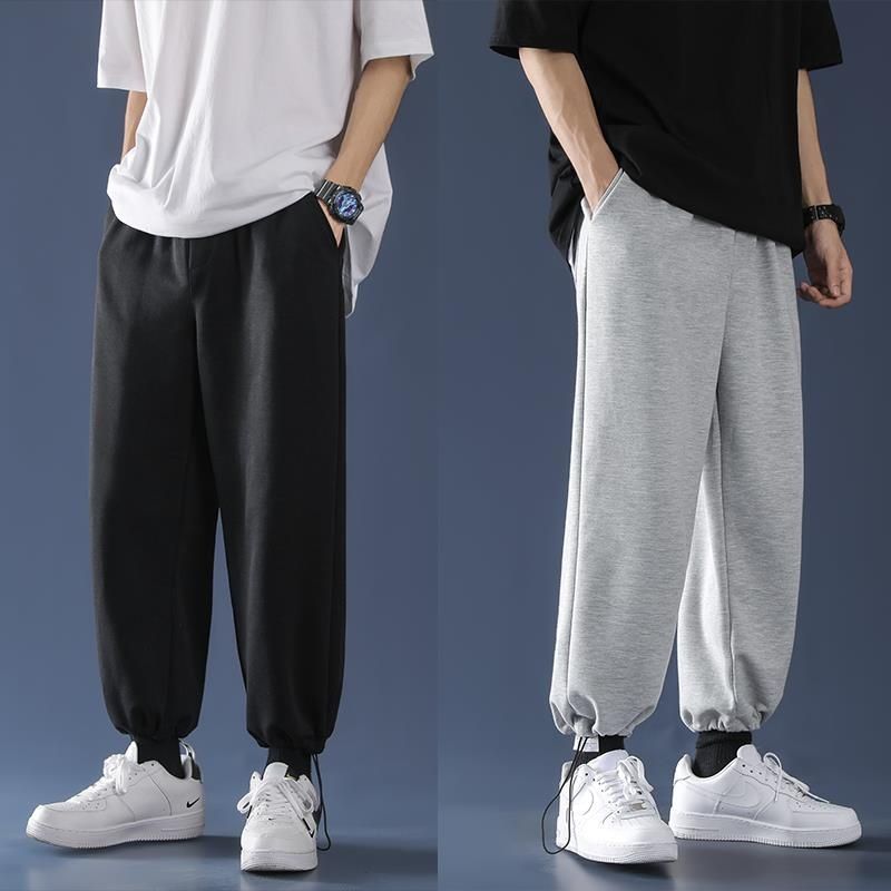 Pants Men's Gray Straight Casual Pants Trendy Hong Kong Style All-match Sweatpants Large Size Drawstring Foot Boys Sports Trousers