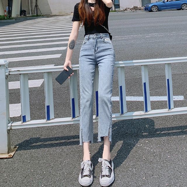 開叉直筒牛仔褲女2022年春秋新款高腰直筒褲寬鬆顯瘦煙管九分褲子